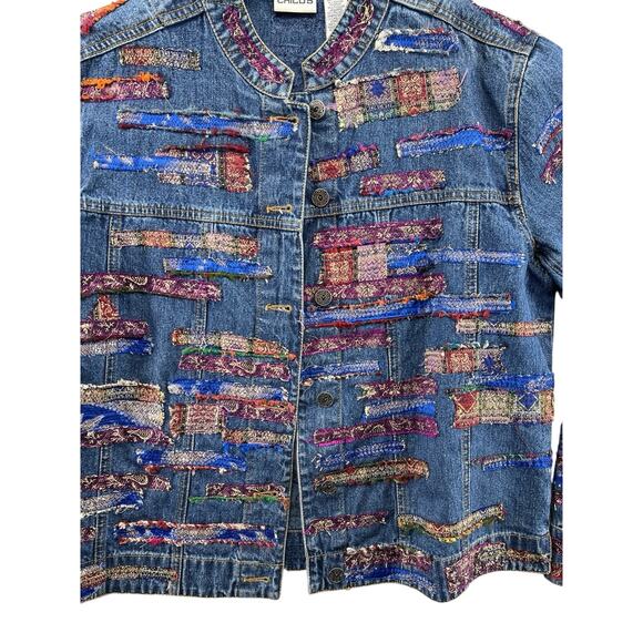 Chico’s Boho Patchwork Embroidered Denim Jacket Size 1 M/L India Festival Art - Picture 5 of 6